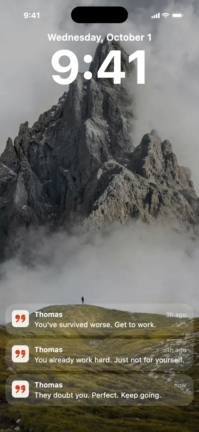 Lock Screen with a mountain background and three Revanch notifications addressed to Thomas, each carrying a quote.