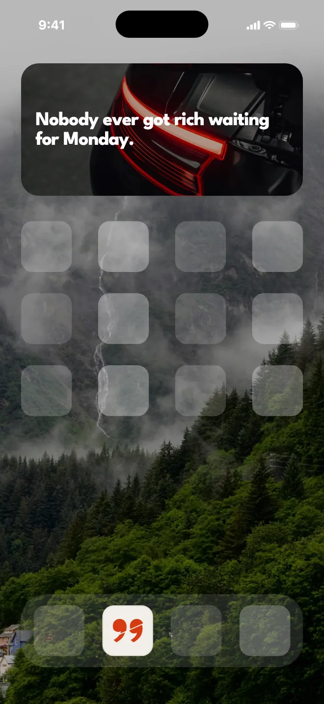 Home Screen with the Revanch widget: a quote on a photo of car headlights.